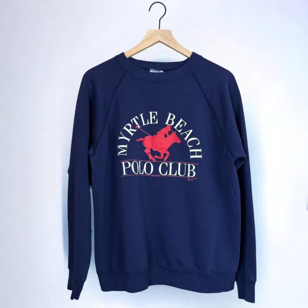 Vintage 80s 90s Navy Blue Crew Neck Pullover Sweatshirt Myrtle Beach Polo Club L